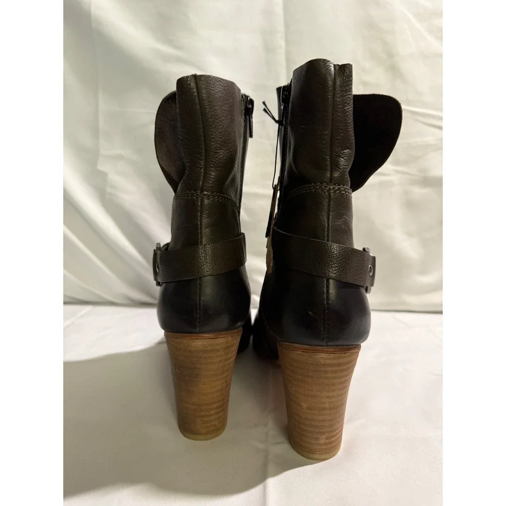 Oobash Women Olive Green Leather Harness Ankle Boots Handcrafted Block Heel 9